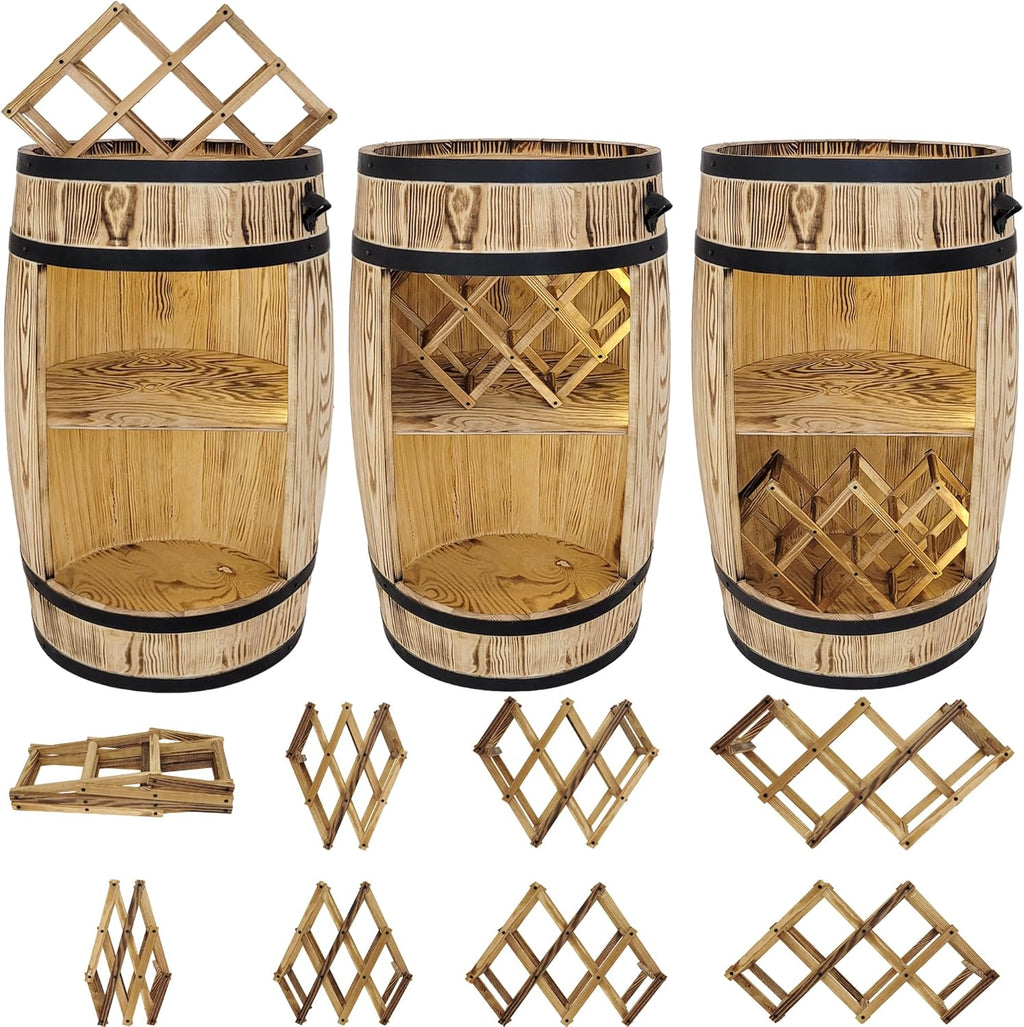 weeco Tonneau en Bois Multifonctionnel avec Éclairage LED – Bar à Vin et Casier à Bouteilles – Meuble Rustique pour Rangement de Verres et Alcools 80x50cm