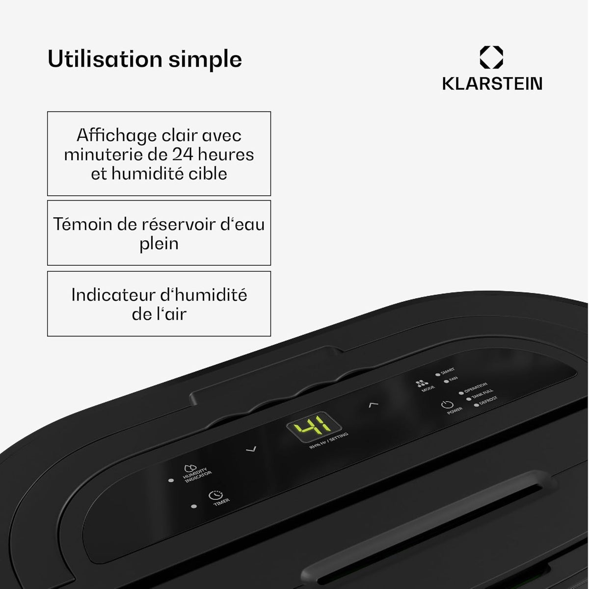 KLARSTEIN AeroDry 10l Déshumidificateur d'air - 165 W, 10 L/24 h, réservoir 2,5 L, Seulement 37 DB, Filtre à Charbon Actif, Fonction DrySelect, Noir