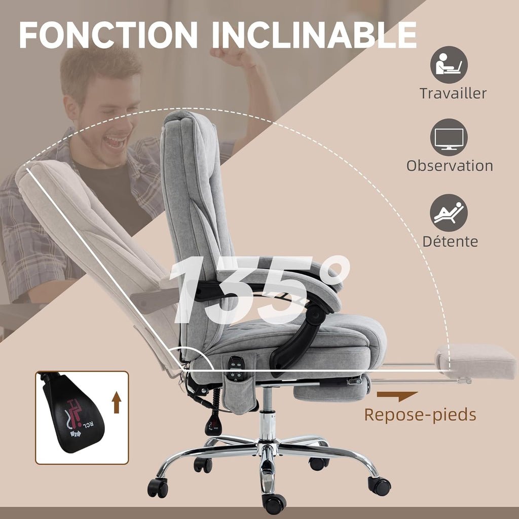 Vinsetto Fauteuil de Bureau massant et Chauffant Chaise de Bureau Chaise Ergonomique avec Hauteur réglable Dossier inclinable télécommande Filaire Repose-Pieds rétractable et pivotant 360° Gris