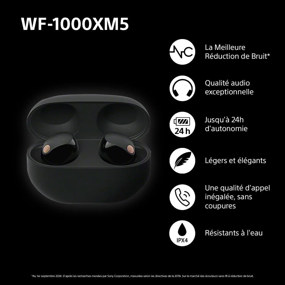 WF-1000XM5 écouteurs sans Fil à réduction de Bruit, Bluetooth, Intra-Auriculaires avec Micro, 36 Heures d'autonomie, Charge Rapide, IPX4, Compatible iOS et Android - Noir