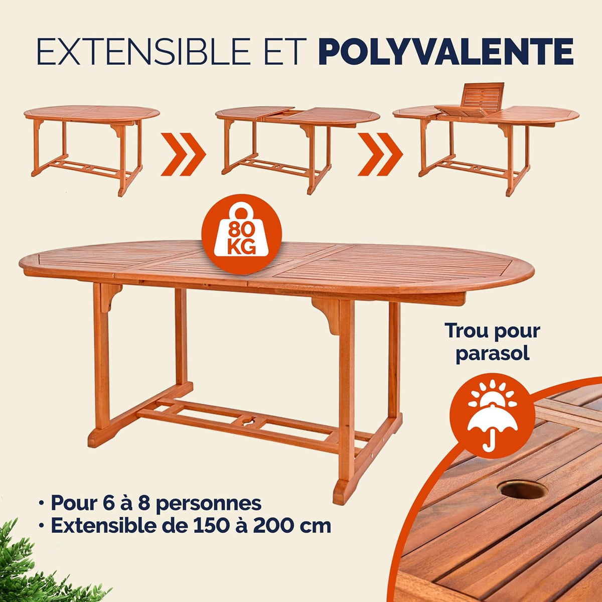 Casaria Table de Jardin Vanamo en Bois d'eucalyptus 200x100x74cm Table Extensible avec rallonge pour extérieur terrasse