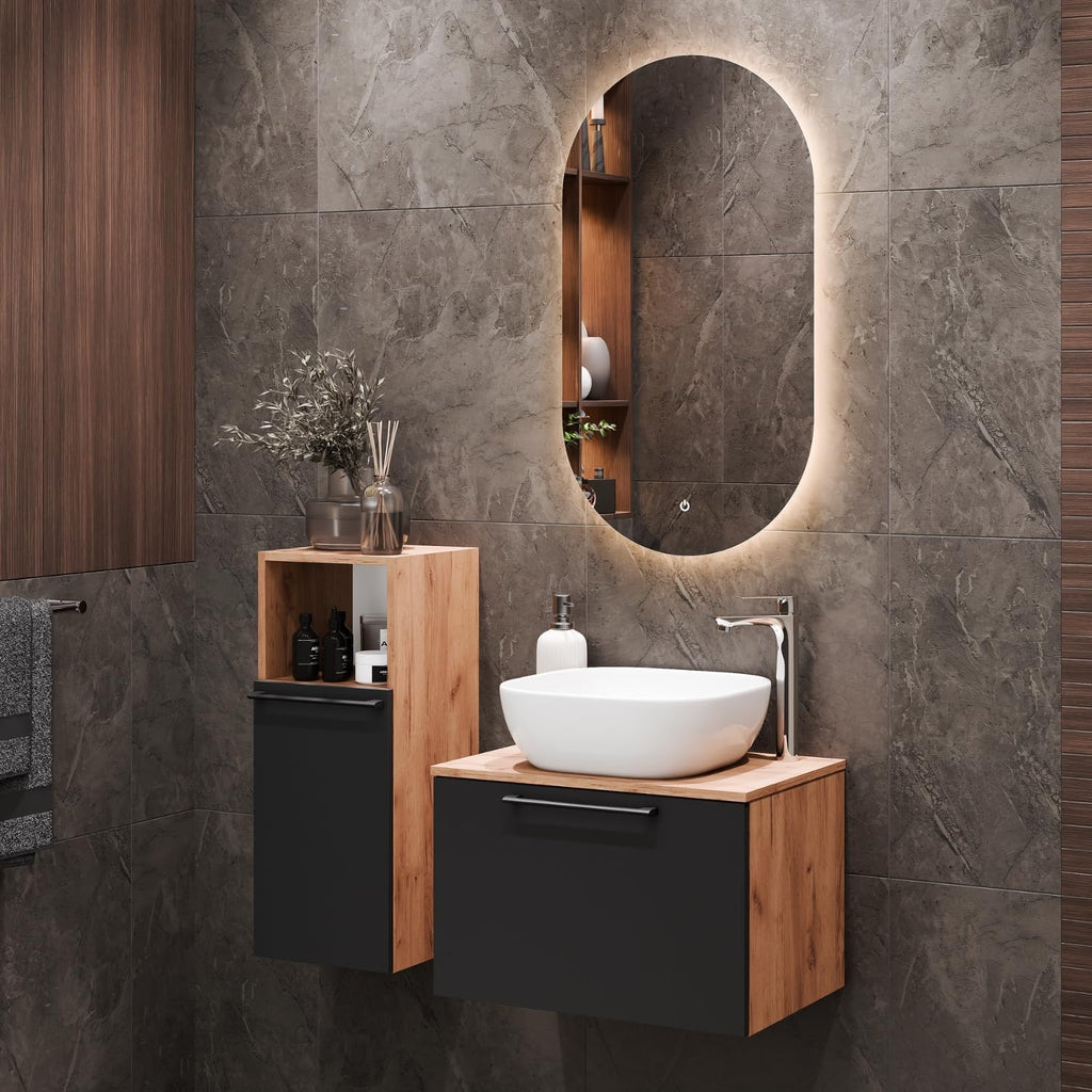 Planetmöbel Astra Ensemble Meuble Salle de Bain avec Meuble sous lavabo 60 cm, 1 Armoire Moyenne chêne doré Anthracite, sans Vasque à Poser