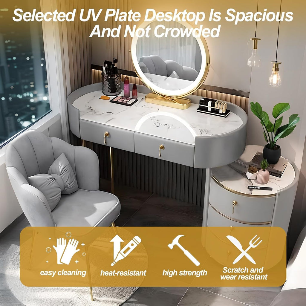 Coiffeuse avec miroir et tabouret, écran tactile, 3 couleurs, à intensité variable, avec 5 tiroirs, pour femmes et filles, commode moderne, cadeau pour chambre à coucher, gris, 80 cm