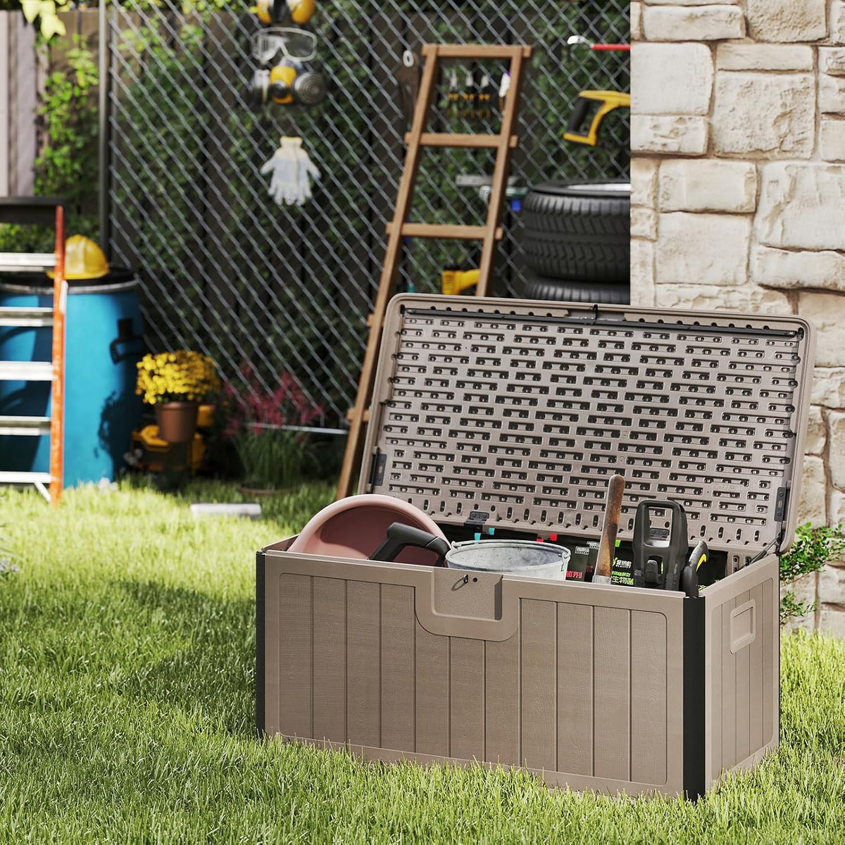 HOMASIS 378L Coffre de Rangement Imperméable, Banc de Rangement en Résine avec Couvercle Verrouillable, Armoire de Jardin pour Intérieur et Extérieur, Charge 200 KG, 130 x 64 x 59 cm (marron)