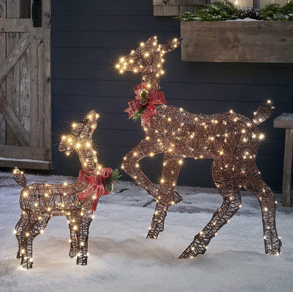 Lights4fun Déco Biche et Faon de Noël en Fils de Coton Marron avec LED Blanc Chaud pour Extérieur