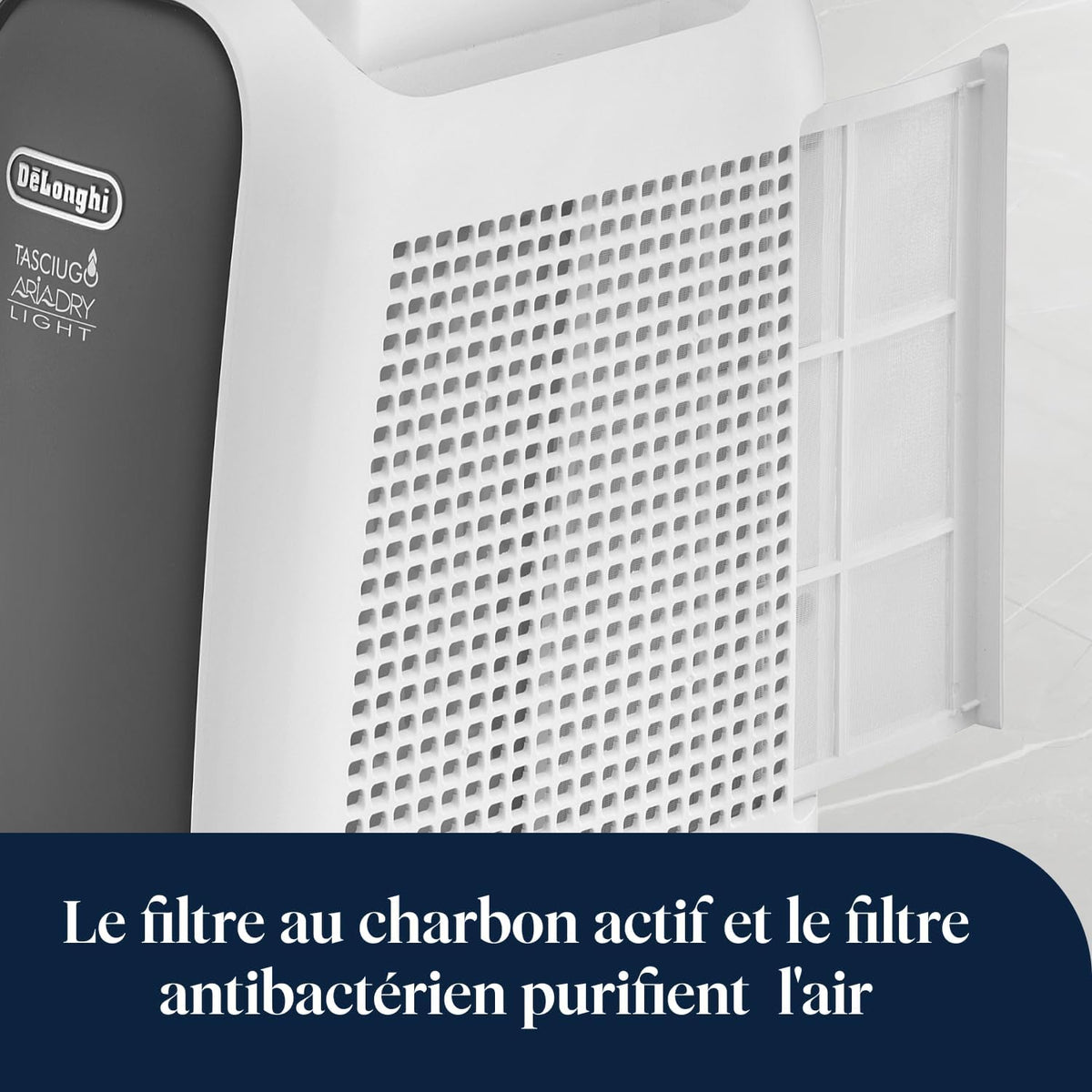 De’Longhi Tasciugo AriaDry Light - Déshumidificateur Portable pour la Maison, Zéolite et Ioniseur, Élimination Humidité 6L/24h, Séchage, Anti-Moisissure, Silencieux, Mode Swing, Minuteur, Gris (DNS65)