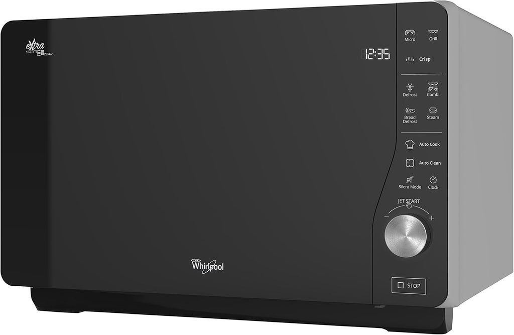 Whirlpool MWF 427 SL Four à micro-ondes Extra Space + Grill, 25 litres, argent, avec steamer, grille haute et plate Crisp + poignée, 800 + 1000 W