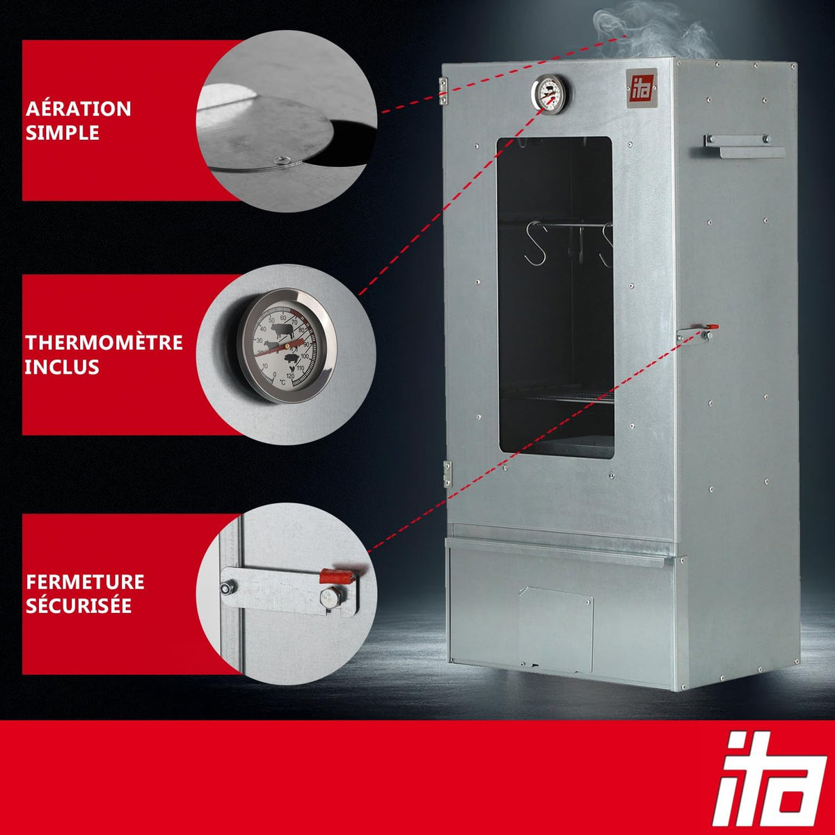 ITA Fumoir Électrique 7002 - Set Smoker avec chauffage, générateur de fumée - Armoire à fumage avec fenêtre & thermomètre - Acier inoxydable - Qualité UE, Direct fabricant - 81 cm avec 3 niveaux