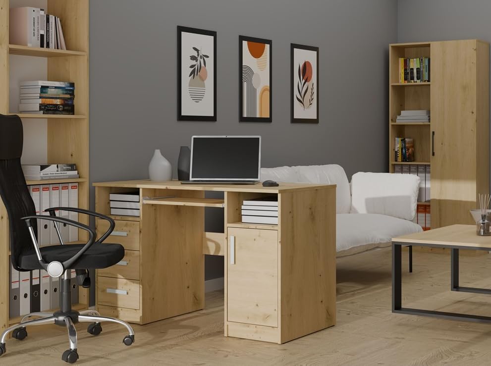 BDW Delta Bureau avec 3 tiroirs et 1 armoire, 120 x 75 x 60 cm, plateau pour clavier, Biruo, chambre d'enfant, salon, chêne artisanal