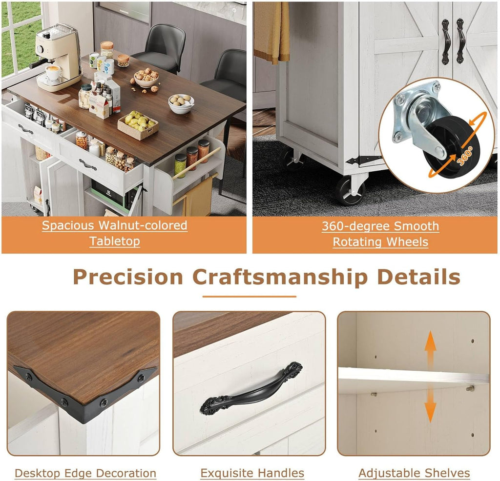 PUGSDRLY Desserte de Cuisine à Roulettes, Buffet Meuble avec 2 Tiroirs et 4 Portes, Armoire de Cuisine, Plateau de Table Pliable