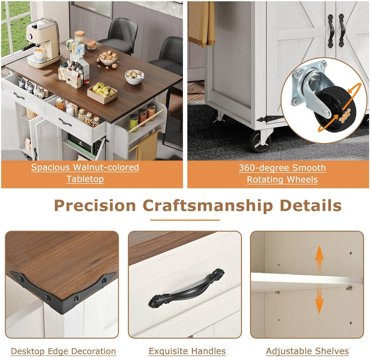 PUGSDRLY Desserte de Cuisine à Roulettes, Buffet Meuble avec 2 Tiroirs et 4 Portes, Armoire de Cuisine, Plateau de Table Pliable