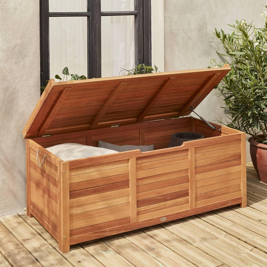 Coffre de Jardin en Bois - Caja - 125x60cm Rangement Coussins avec vérin et poignées (Gris)