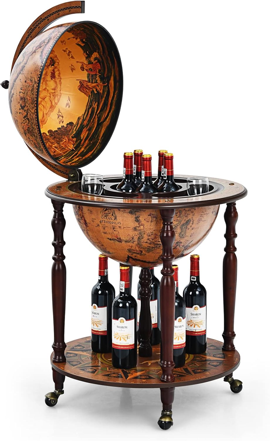 COSTWAY Bar Globe Cartographie Marine du XVIe Siècle, Globe Porte-Bouteilles 45cm Mobile en Bois avec 4 roulettes et Style Rétro, pour Salle à Manger, Salon, Bar, Cave à Vin (Marron)