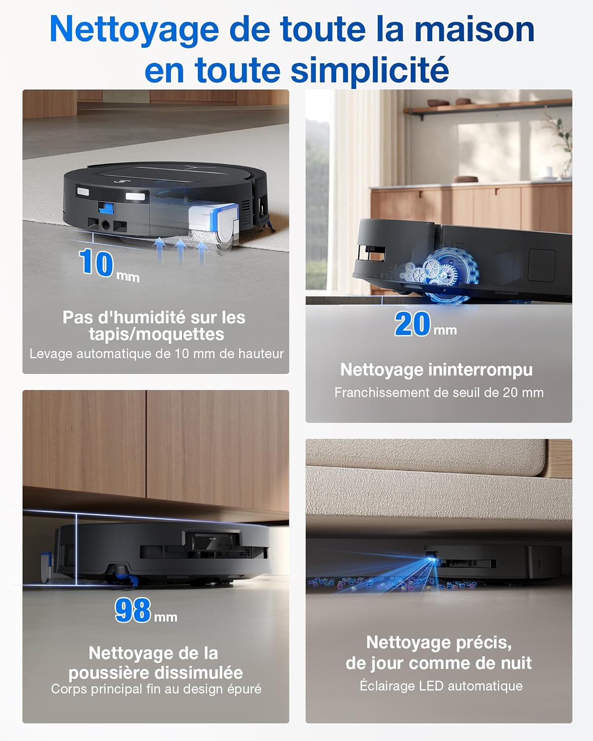ECOVACS DEEBOT T80 Omni Robot Aspirateur Laveur, 18 000 Pa, Nettoyage Automatique instantané OZMO Roller, ZeroTangle 3.0, Lavage à l'eau Chaude 40-75 ℃, Séchage à air Chaud, Noir