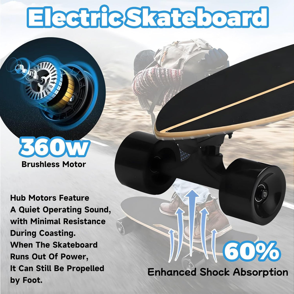 PxkVrin Skateboard électrique Tout Terrain avec télécommande, en érable 8 Plis, idéal pour Les Campus et la Ville. C