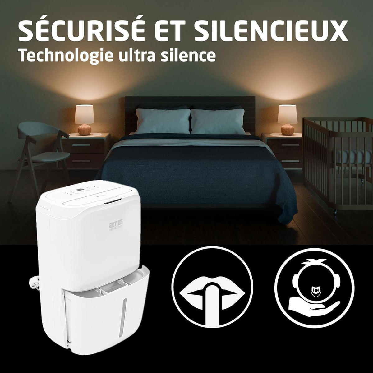 Amig - Déshumidificateur MIST | Capacité 20L/Jour | Régulation de l'humidité et minuterie | Réservoir d'eau amovible 6,5L | 36x28x56 cm | 260W | Couverture 165m³/h | Silencieux 45 dB | Séchage linge