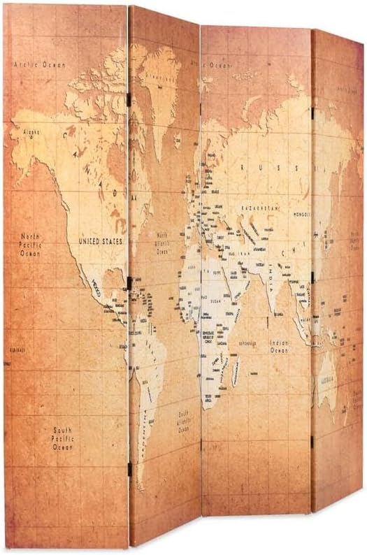 Paravent pliable 160 x 170 cm – Design carte du monde, cadre en bois de sapin massif et couverture en toile – Peu encombrant et stable pour le salon, le bureau ou la chambre à coucher