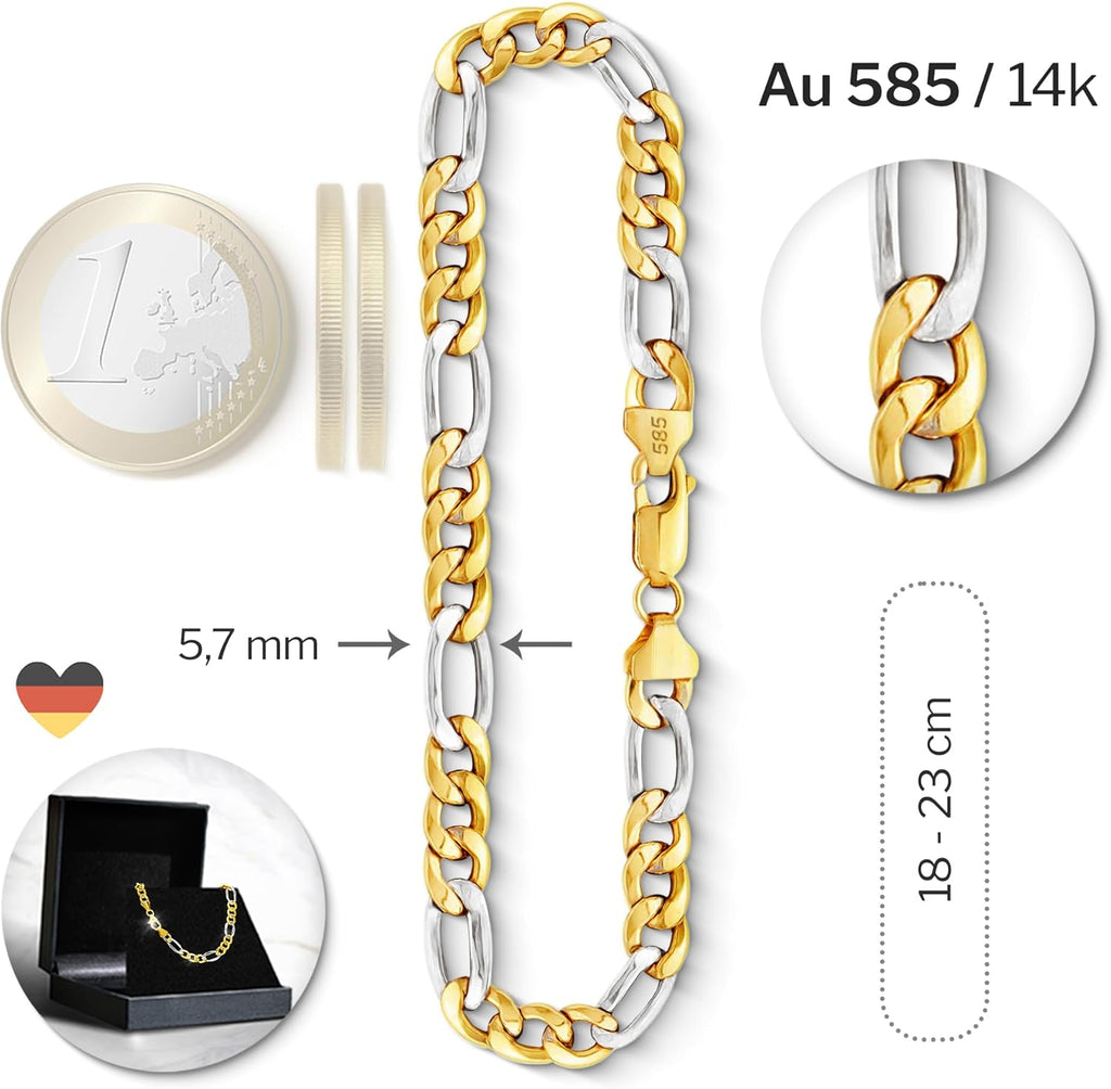 EDELIND Bracelet Chaîne Figaro 5,7 mm en Or Blanc et Jaune Bicolore 585 333 750 - Bijoux pour Homme avec Fermoir Mousqueton
