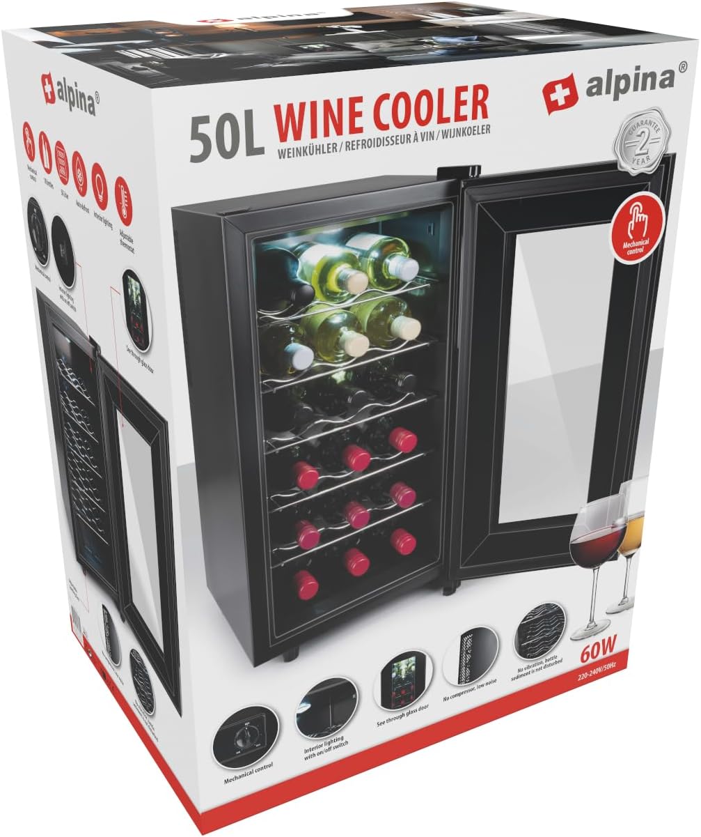 alpina Cave à Vin - 230V - 18 Bouteilles/50L - Température Réglable de 11°C à 22°C - Porte Vitrée et Éclairage Intérieur - Peu ou pas de Bruit - Noir