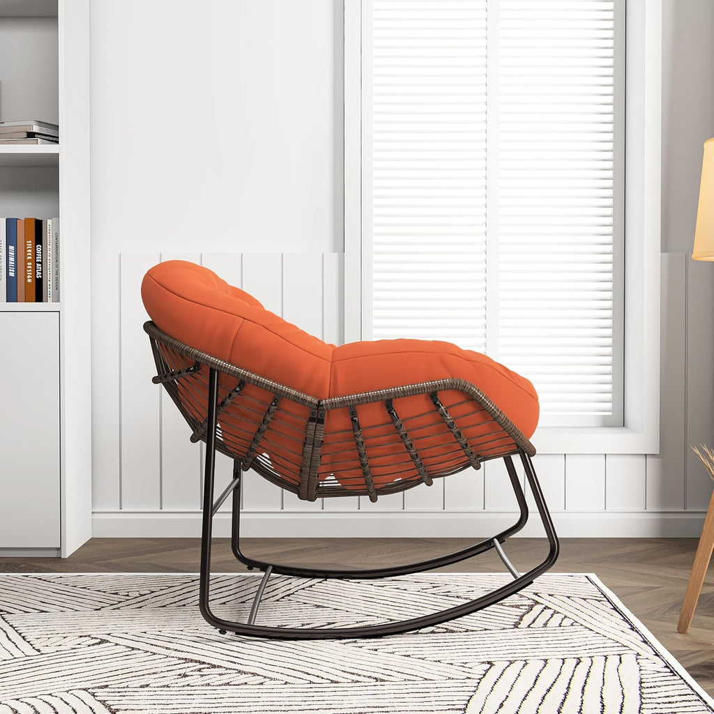belupai Fauteuil à bascule en forme d'œuf en osier avec rembourré, cadre en métal, pour extérieur et intérieur, jusqu'à 113 kg orange