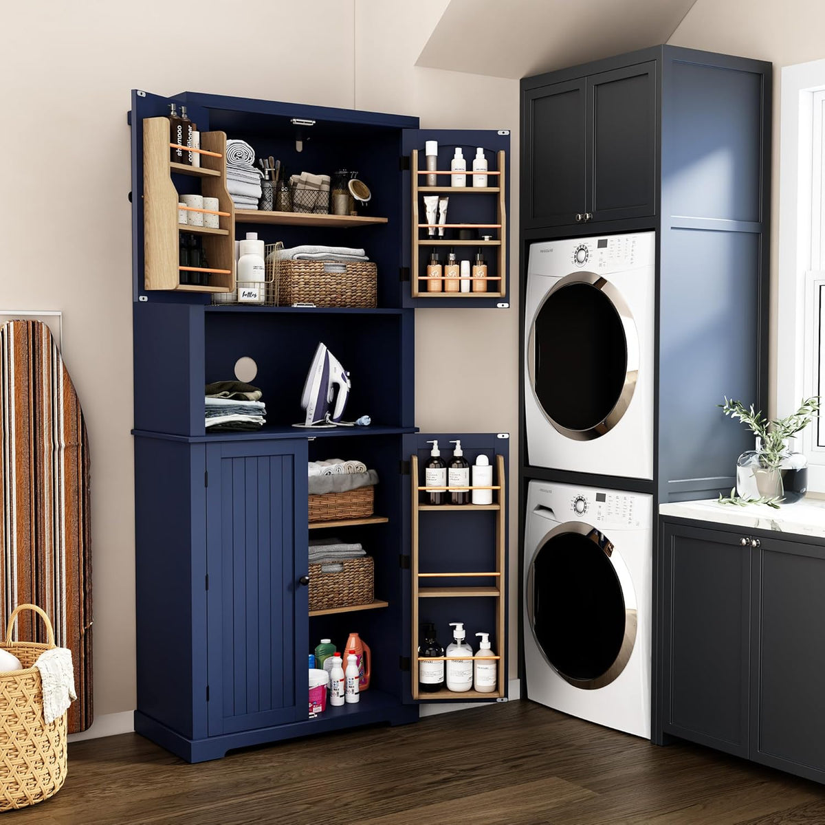 HOLTICO Armoire de cuisine avec plan de travail, armoire haute, buffet, garde-manger, garde-manger avec portes et étagères, pour salle à manger, buanderie, salon, bleu