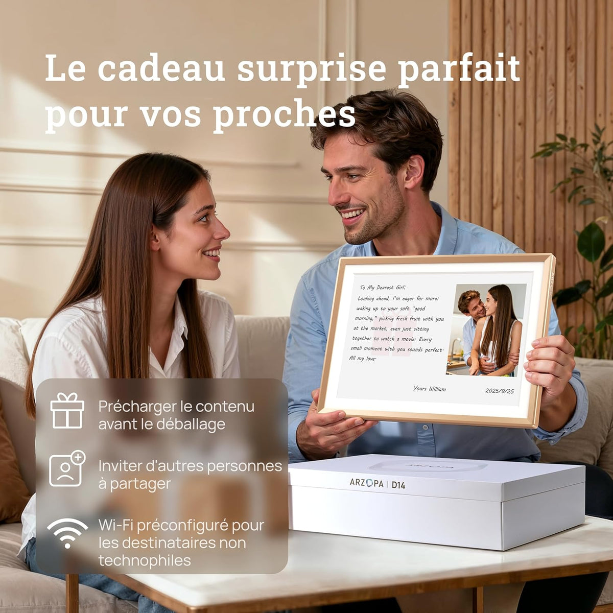 ARZOPA 14 Pouces Cadre Photo Numérique en Métal Stockage Cloud Gratuit 1920*1200 FHD Écran Tactile Partager Photos Vidéos Illimitées Cadre Numérique Photo Connecté WiFi Cadeau Parfait pour Famille-D14