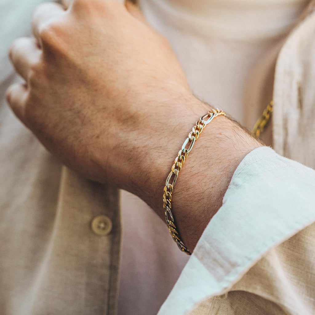 EDELIND Bracelet Chaîne Figaro 5,7 mm en Or Blanc et Jaune Bicolore 585 333 750 - Bijoux pour Homme avec Fermoir Mousqueton