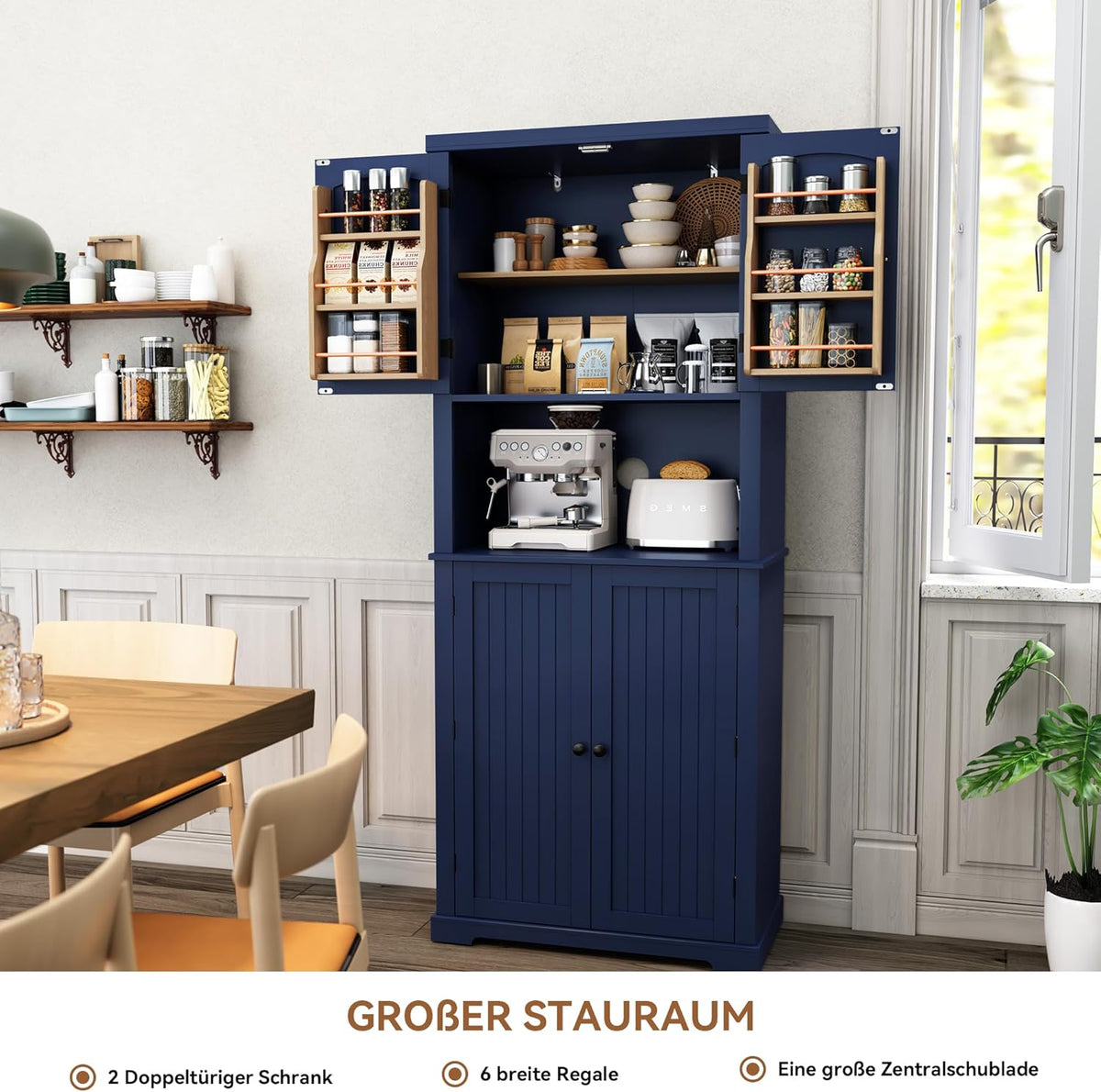HOLTICO Armoire de cuisine avec plan de travail, armoire haute, buffet, garde-manger, garde-manger avec portes et étagères, pour salle à manger, buanderie, salon, bleu