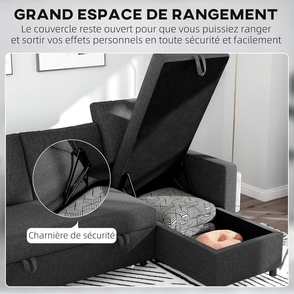 HOMCOM Canapé d'angle Convertible canapé lit canapé 3 Places modulable avec méridienne réversible, Coffre de Rangement intégré et 3 Coussins de Dossier, Tissu Aspect Lin, Noir