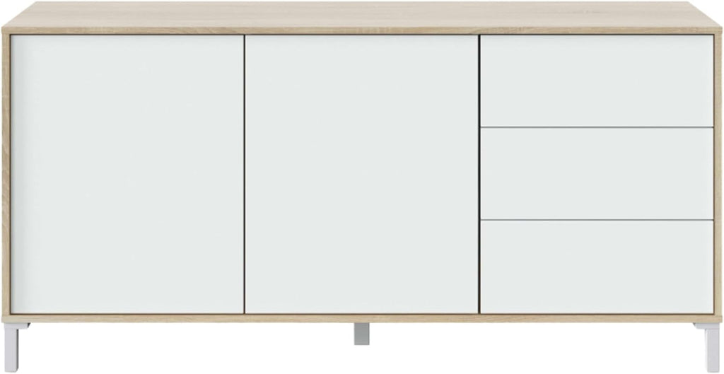 Habitdesign Modèle Brooklyn Buffet 2 portes + 3 tiroirs Finition chêne canadien et Blanc Artik , dimensions : 74 x 154 x 41 cm H x l x P .