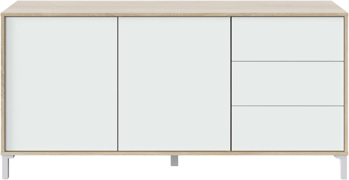 Habitdesign Modèle Brooklyn Buffet 2 portes + 3 tiroirs Finition chêne canadien et Blanc Artik , dimensions : 74 x 154 x 41 cm H x l x P .