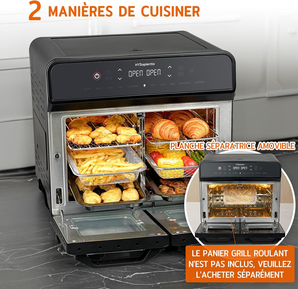 HYSapientia 22L friteuse à air chaud 2 chambres, mini-four à convection,écran tactile LED, 10 programmes friteuse sans huile Dual Zone Air Fryer Oven, aciers inoxydables, Airfryer xxl