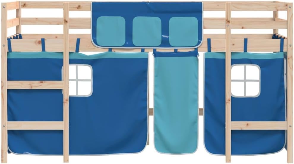 vidaXL Lit Mezzanine Enfants et Rideaux, Lit Surélevé pour Enfants avec Échelle, Meuble de Rangement Chambre, Moderne, Bleu 90x200 cm Bois Pin Massif