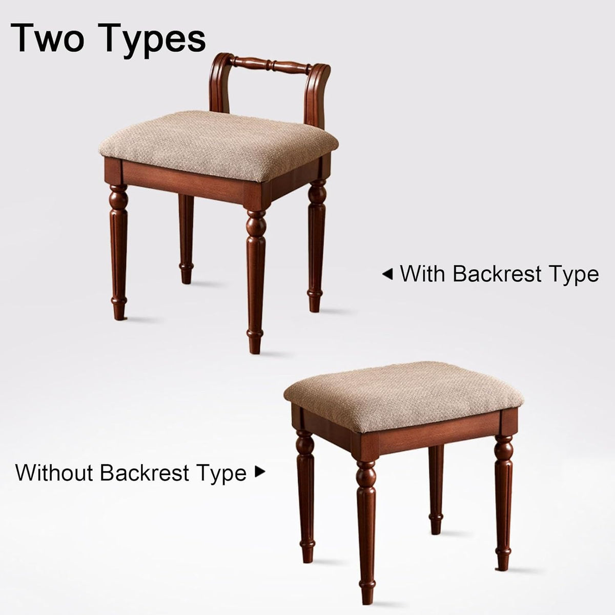 Tabouret de coiffeuse vintage avec siège rembourré élégant et pieds en bois massif, chaise de maquillage confortable pour femme, supporte jusqu'à 109 kg, couleur blanche