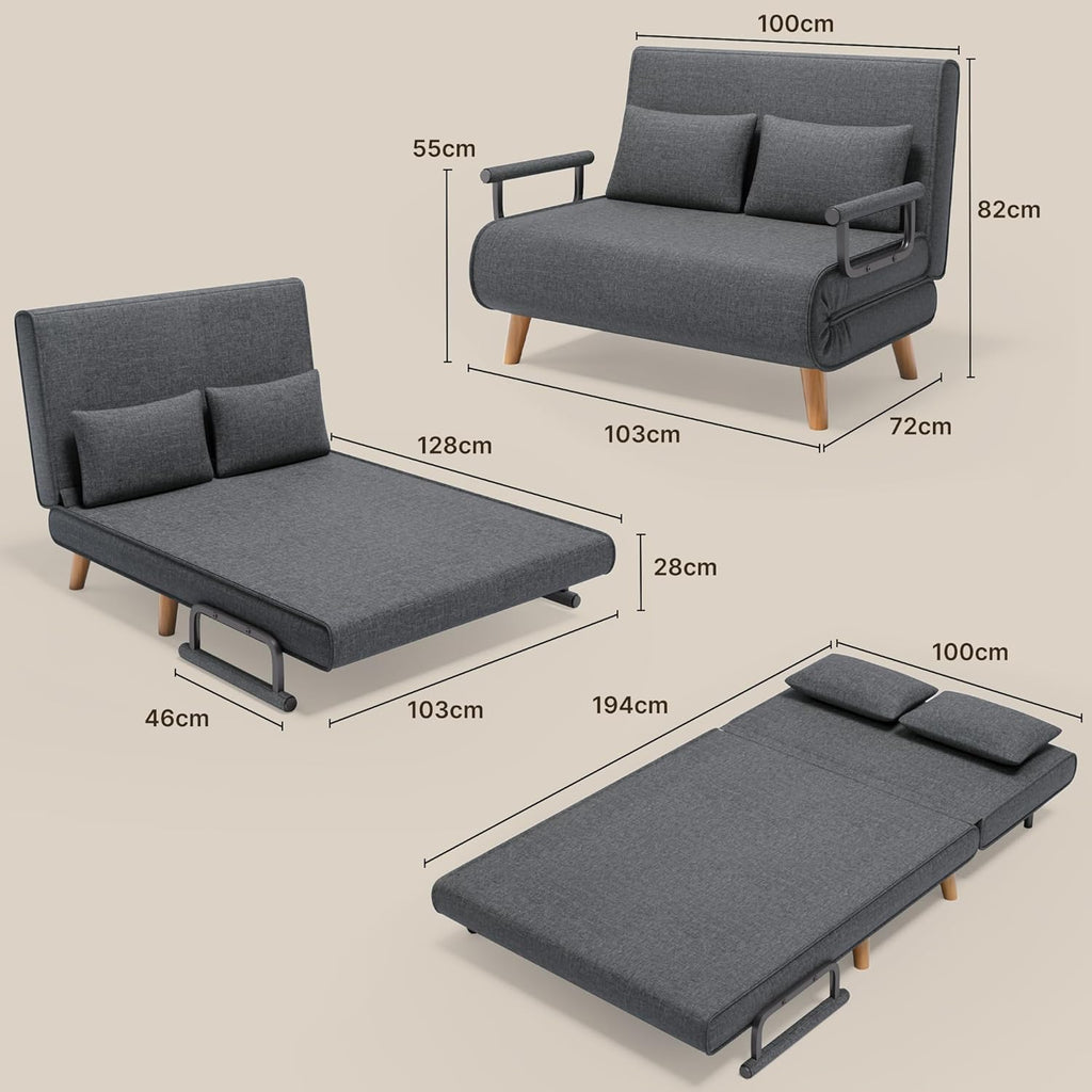 Xbro Canapé Convertible 2 Place, Fauteuil Convertible avec Dossier Réglable en 6 Positions et 2 Coussins, Fauteuil avec Fonction de Sommeil pour Petit Appartement (Gris Foncé)