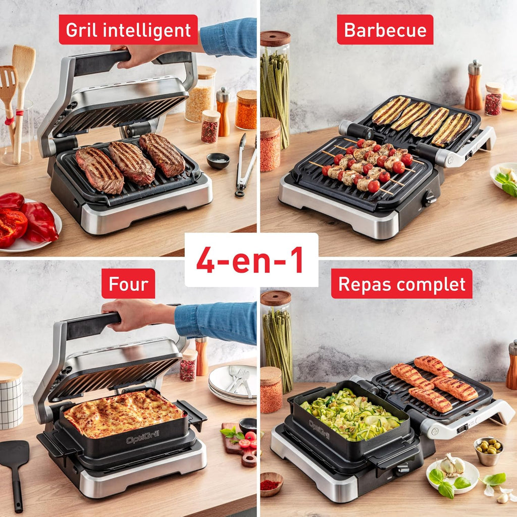 Tefal Optigrill 4 en 1, Grill intelligent, fonctions bbq, Four et repas complet, 9 programmes, Mode manuel, Ouverture 180°, 4 personnes, GC776D10