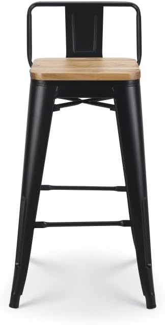 Kosmi Lot de 4 tabourets de Bar en métal Noir Mat Style Industriel avec Dossier et Assise en Bois Clair - Hauteur 66cm