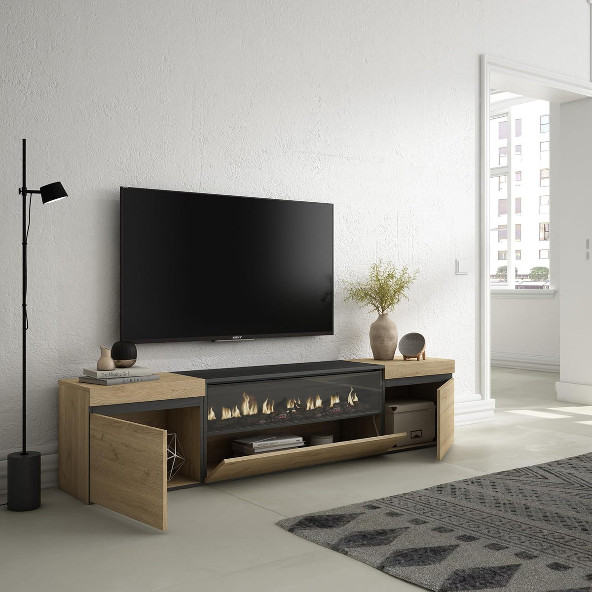 Skraut Home | Meuble TV | Banc Télé | Grand Espace de Rangement | 200x45x35cm | pour Les TV jusqu'à 80" | Cheminée électrique | Style Moderne | Chêne et Noir