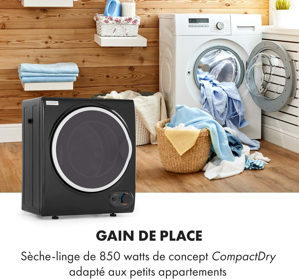 KLARSTEIN Jet Set 2500 - sèche-linge, par extraction, chargeur frontal, 850 W, pose libre/encastré, 2,5 kg, élément chauffant PTC, réglable jusqu'à 60 °C, minuterie 20 à 200 mn, compact, noir