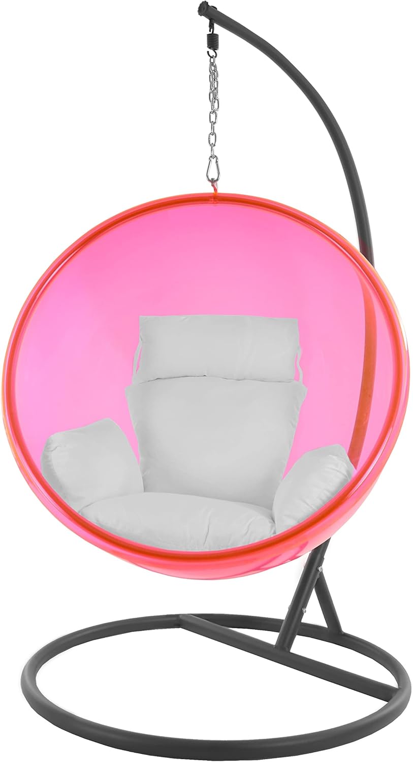 Kideo Ensemble complet : fauteuil suspendu avec structure et coussin, demi-coque, bulle, translucide (structure : gris/panier: rose (magenta), coussin : blanc (1000 neige)