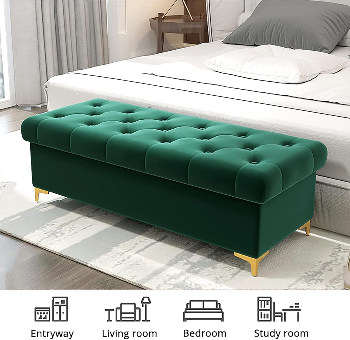 Banc ottomane de luxe en velours avec rangement rembourré moderne pour chambre à coucher et salon, bout de lit, jaune, 120 x 40 x 40 cm