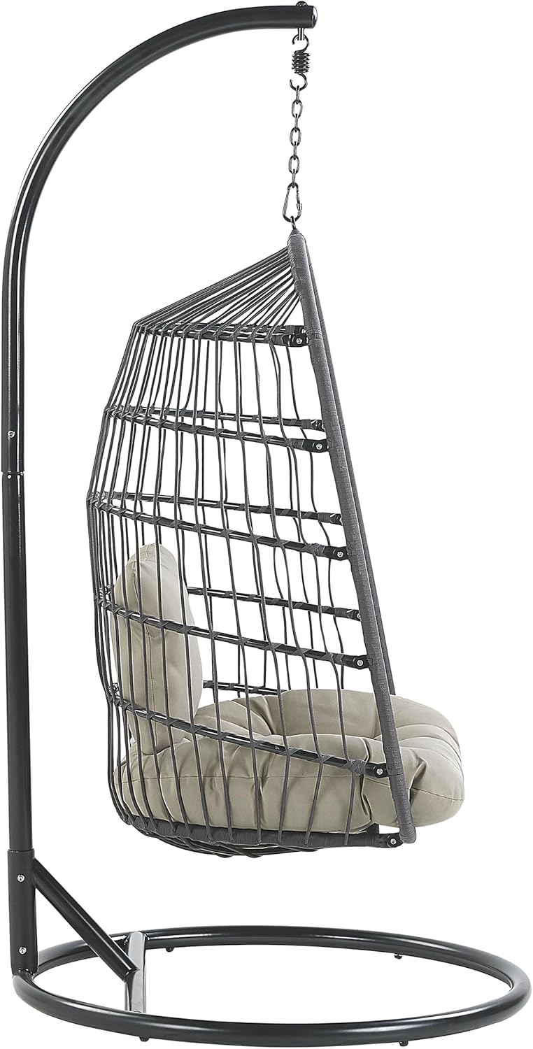 Fauteuil Suspendu Gris avec Coussin et Support Noir 102 cm en Métal et Rotin Très Confortable pour Extérieur Style Boho Beliani