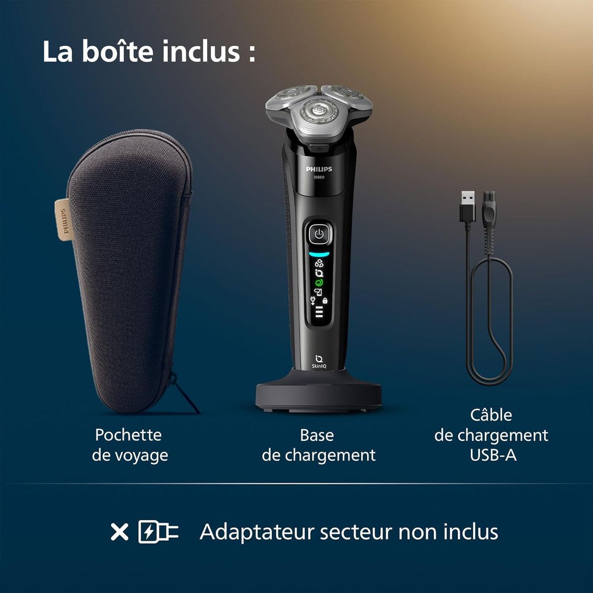 Philips Rasoir i9000, Rasoir électrique sec et humide, Noir encre, Avec technologie Skin IQ, Système Triple Lift & Cut, Lame Dual SteelPrecision rotative à 360°, Modèle X9000/10