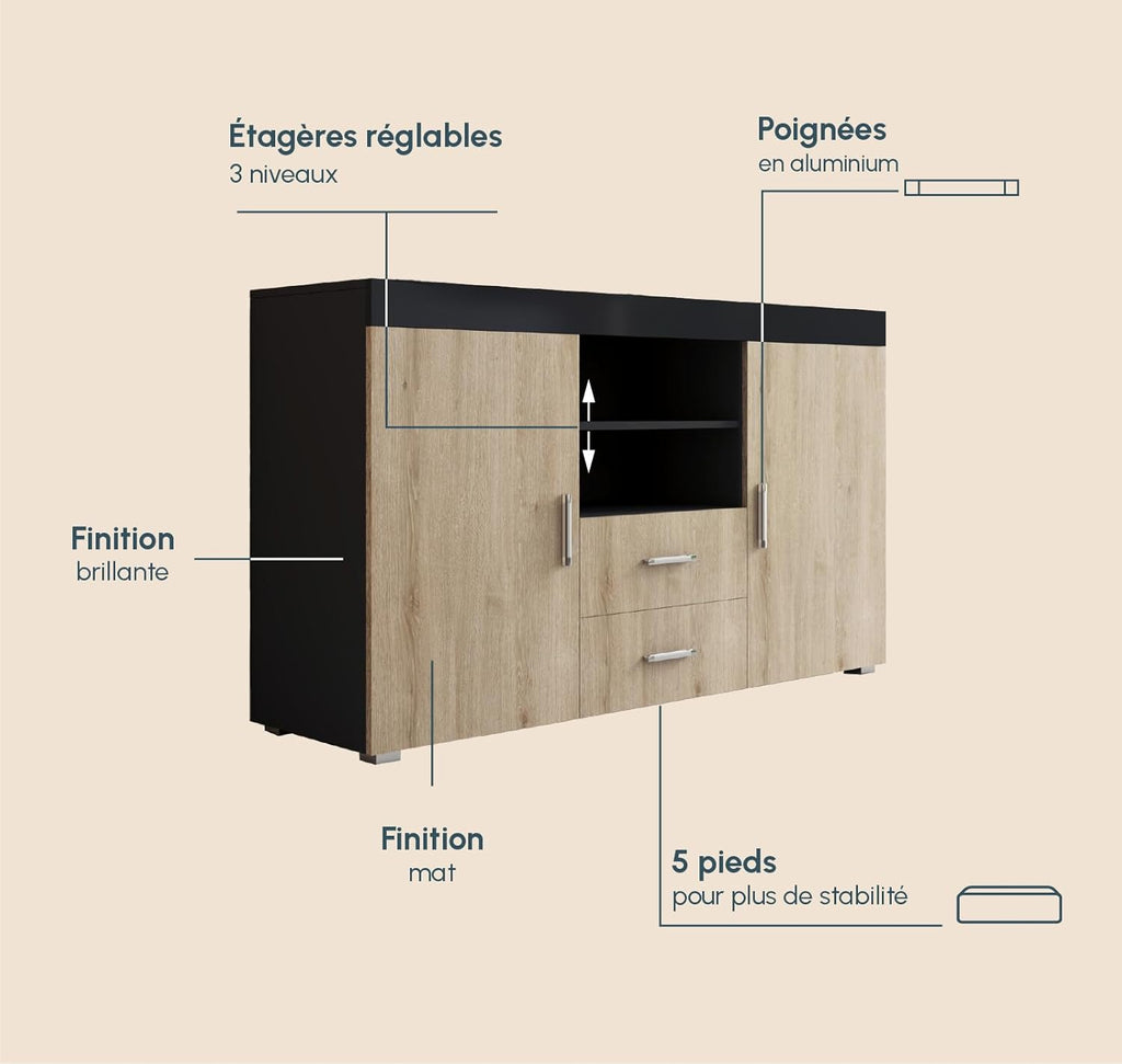 MB Muebles Bonitos, Buffet Roque pour Salon et Salle à Manger Moderne, Meuble TV en Mélamine, Couleur Noir Brillant et Sonoma Mat, 140x80x40 cm