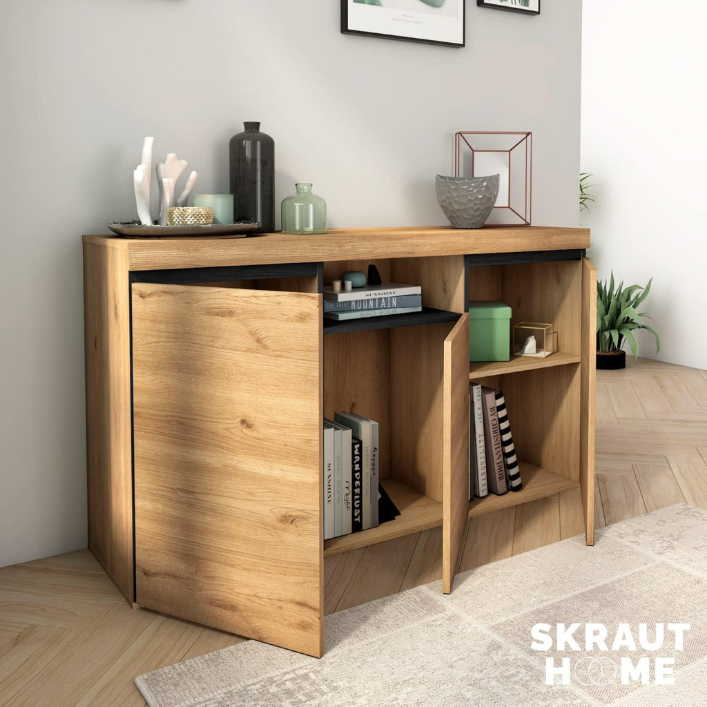 Skraut Home Buffet Modèle Naturale 140 x 40 x 81 cm Meuble d'Entrée à 3 Portes Style Nordique Mélamine Finition Couleur Chêne/Noir