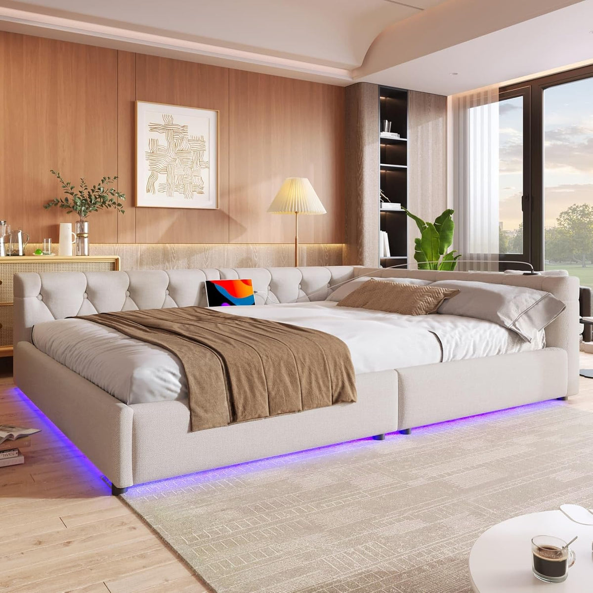 EURHCIO Canapé Lit 2 Places 140x200,Cadre de Lit Double avec Éclairage LED Réglable,Port USB-C,Sommier à Lattes Solide,pour Adultes Adolescents,Lin Beige, 140x200