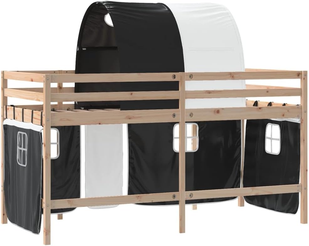 vidaXL Lit Mezzanine Enfants et Tunnel, Lit Surélevé pour Enfants avec Échelle, Meuble de Rangement Chambre, Moderne, Blanc Noir 90x190 cm Pin Massif