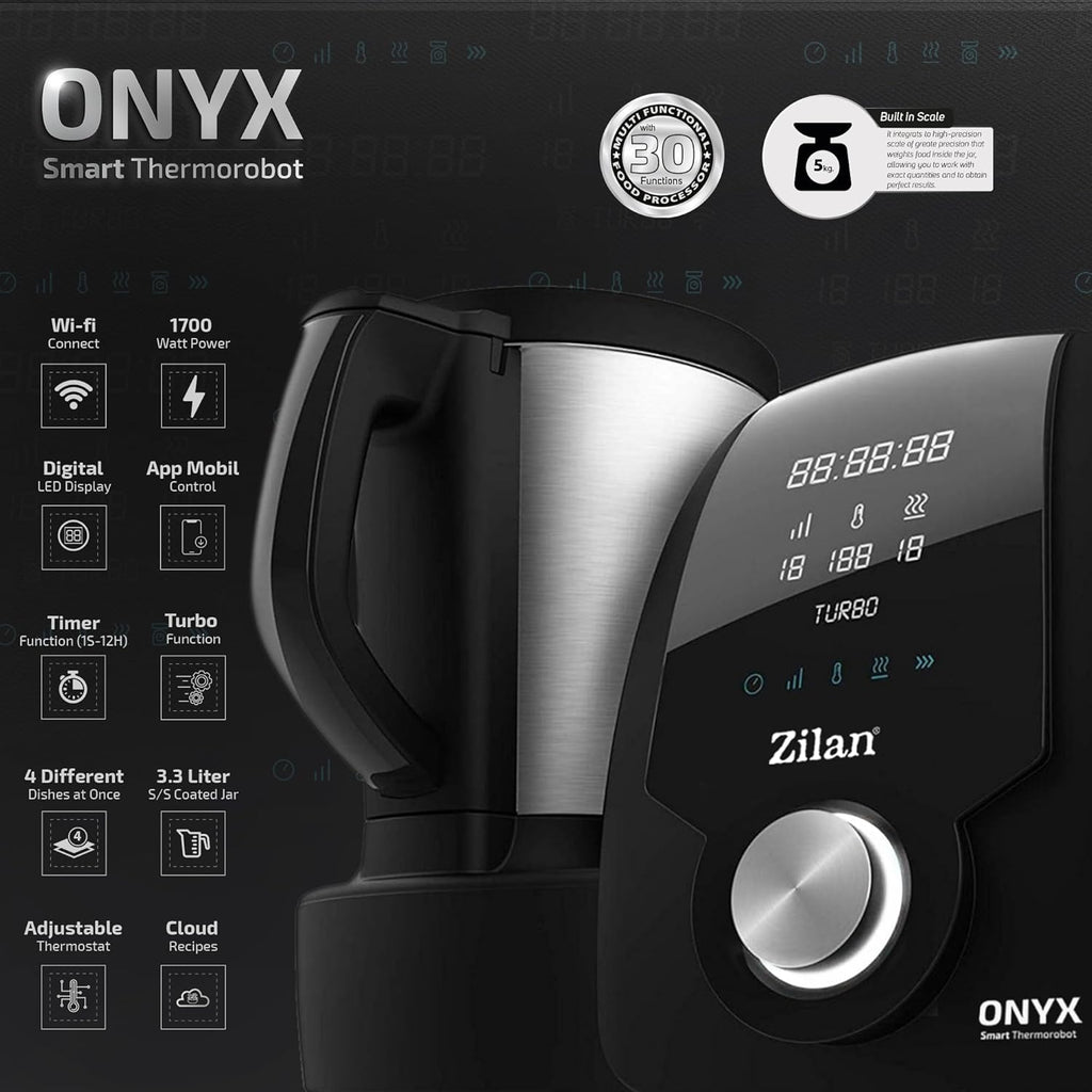 Zilan ONYX Thermo Robot, robot de cuisine multifonction Wi-Fi, 30 Fonctions, Écran LED Numérique, Balance Intégrée, 3,3 L, 1700 W, Black