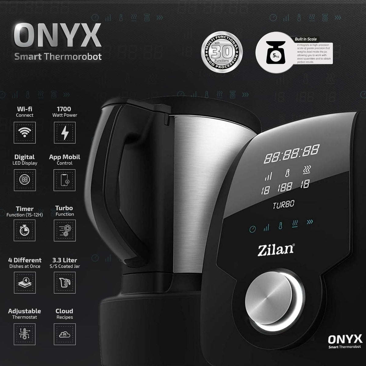 Zilan ONYX Thermo Robot, robot de cuisine multifonction Wi-Fi, 30 Fonctions, Écran LED Numérique, Balance Intégrée, 3,3 L, 1700 W, Black