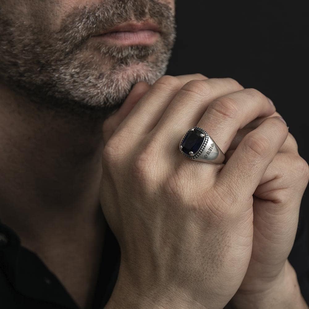 Chevalière Argent Homme Bleu Saphir Cavalier D'enfer